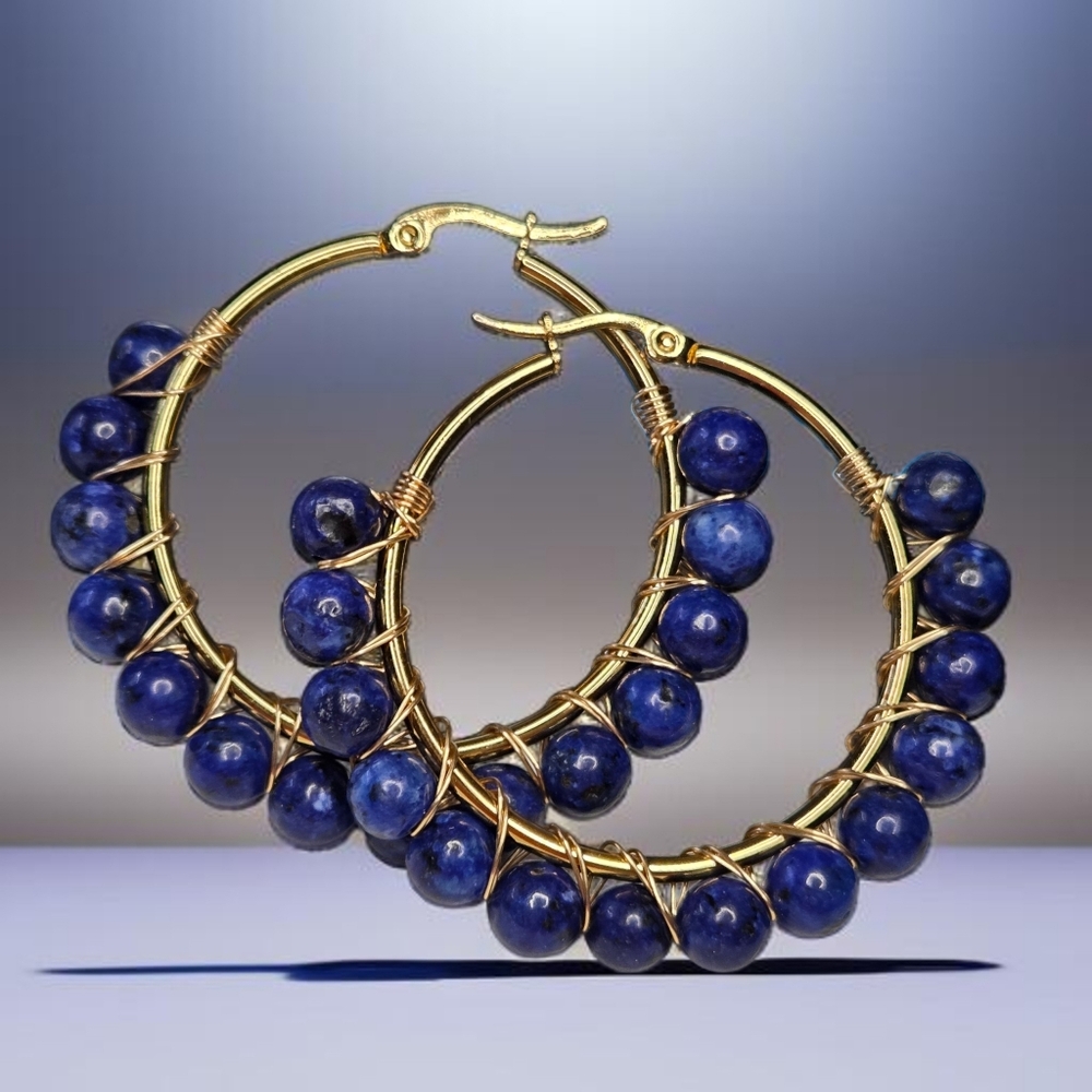Gold Hoop Earrings with Lapis-Blue Beads